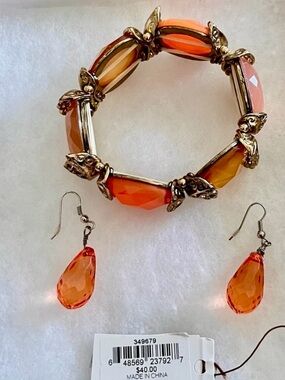 Bon Ton Vtg Retro Orange Faceted Resin Statement Stretch Bracelet Earring Set